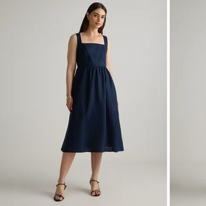 Quince Linen Fit and Flair dress; Navy linen with pockets. NWT